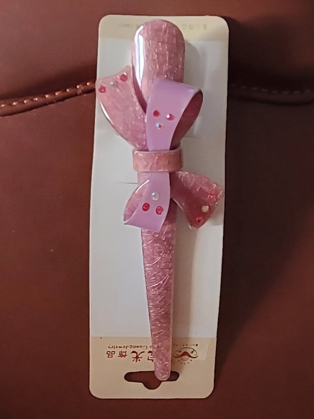 Dusty Rose Hair Clip with Bow with Red and White Rhinestones